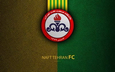 Naft Tehran FC, 4k, logo, leather texture, Iranian football club, emblem, yellow green lines, Persian Gulf Pro League, Tehran, Iran, football