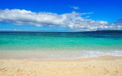 ocean, blue lagoon, beach, sand, white clouds, blue sky, seascape, summer travel