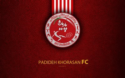 Padideh Khorasan FC, 4k, logo, textura de couro, Iraniana de futebol do clube, emblema, vermelho branco linhas, Golfo P&#233;rsico Pro League, Mashhad, Iran, futebol
