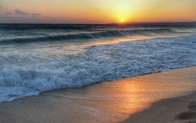 sunset, coast, sea, evening, waves, beach, summer