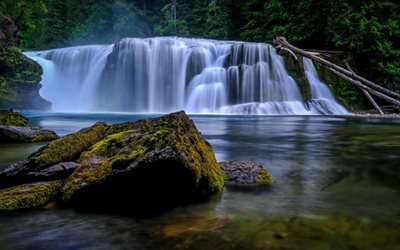 Lower Lewis River Falls, waterfall, lake, forest, American nature, Lewis River, Washington, USA