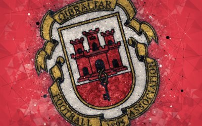 Gibraltar national football team, 4k, geometric art, logo, red abstract background, UEFA, emblem, Gibraltar, football, grunge style, creative art
