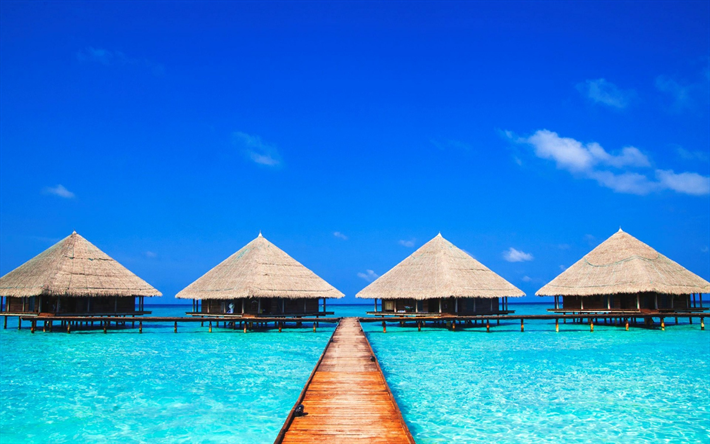 Bora Bora, resort, isla tropical, bungalow, mar, verano, paisaje marino, azul laguna