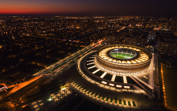 Krasnodar Stadium, evening, city panorama, Russian football stadium, Krasnodar, Russia, modern sports arena, FC Krasnodar, Russian Premier League