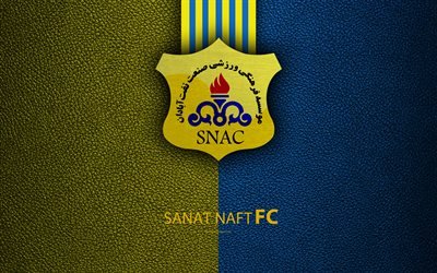 Sanat Naft Abadan FC, 4k, logo, leather texture, Iranian football club, emblem, yellow blue lines, Persian Gulf Pro League, Kerej, Iran, football