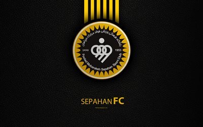 Foolad Mobarakeh Sepahan SC, 4k, un logo, un cuir &#224; la texture Iraniennes, club de football, l&#39;embl&#232;me, le jaune des lignes noires, du Golfe persique, de la Pro League, Ispahan, en Iran, en football, le FC Sepahan