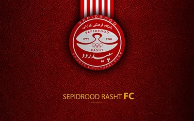 Sepidrood Rasht SC, 4k, logo, textura de couro, Iraniana de futebol do clube, emblema, vermelho branco linhas, Golfo P&#233;rsico Pro League, Rasht, Iran, futebol