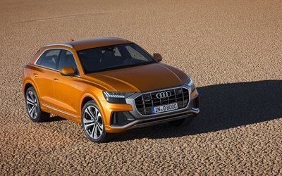 Audi Q8, 2018, S-Line, Quattro, yellow crossover, exterior, top view, new yellow Q8, German cars, Audi