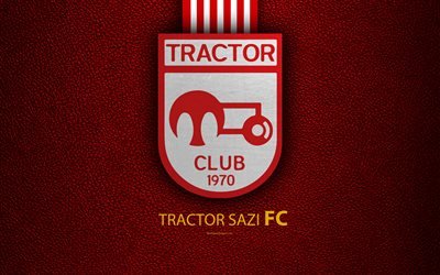 Tractor Sazi FC, 4k, logo, textura de couro, Iraniana de futebol do clube, emblema, vermelho branco linhas, Golfo P&#233;rsico Pro League, Tabriz, Iran, futebol