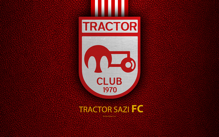 Tractor Sazi FC, 4k, logo, leather texture, Iranian football club, emblem, red white lines, Persian Gulf Pro League, Tabriz, Iran, football
