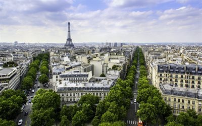 La Torre Eiffel, panorama urbano, calles, casas, Par&#237;s, verano, turismo, viajes, Francia