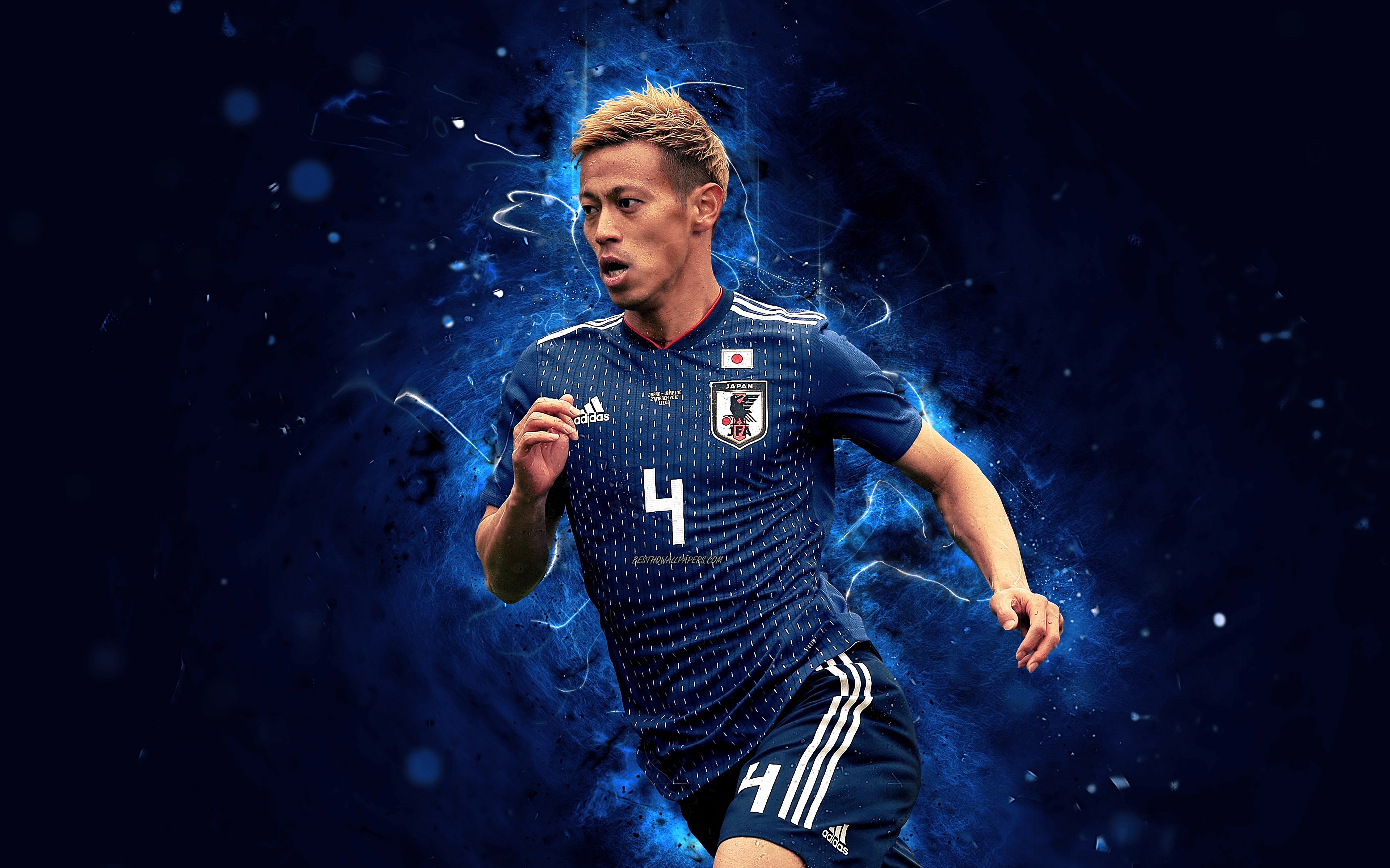 Download wallpapers Keisuke Honda, 4k, abstract art, Japan National Team,  fan art, Honda, soccer, footballers, neon lights, Japanese football team  for desktop with resolution 3840x2400. High Quality HD pictures wallpapers