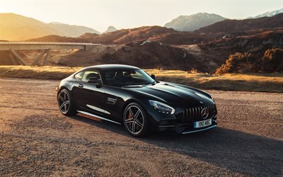 Mercedes-Benz GT C AMG, 2018, black sports coupe, luxury sports car, new black GT C, German cars, Mercedes