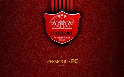Persepolis FC, 4k, logo, red leather texture, Iranian football club, emblem, red black lines, Persian Gulf Pro League, Tehran, Iran, football