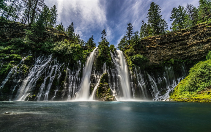 beautiful waterfall, lake, rocks, forest, mountains, trees, summer, mountain waterfall