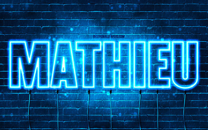 Happy Birthday Mathieu, 4k, blue neon lights, Mathieu name, creative, Mathieu Happy Birthday, Mathieu Birthday, popular french male names, picture with Mathieu name, Mathieu
