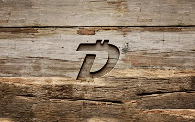 DigiByte wooden logo, 4K, wooden backgrounds, cryptocurrency, DigiByte logo, creative, wood carving, DigiByte