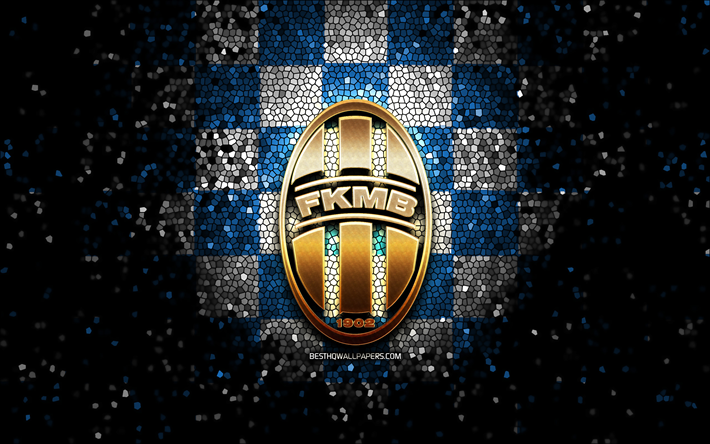 FK Mlada Boleslav, glitter logo, Czech First League, blue white checkered background, soccer, Czech football club, Mlada Boleslav logo, mosaic art, football, Mlada Boleslav FC