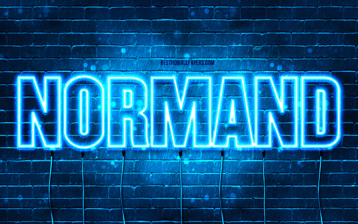 feliz anivers&#225;rio normand, 4k, luzes de neon azuis, normand nome, criativo, normand feliz anivers&#225;rio, normand anivers&#225;rio, nomes masculinos franceses populares, imagem com nome normand, normand