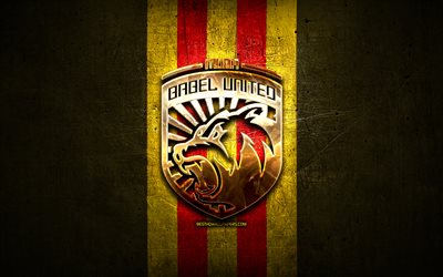 muba babel united fc, kultainen logo, indonesia liga 1, keltainen metalli tausta, jalkapallo, indonesian jalkapalloseura, muba babel united logo, muba babel united
