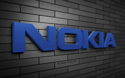 Nokia 3D logo, 4K, gray brickwall, creative, brands, Nokia logo, 3D art, Nokia