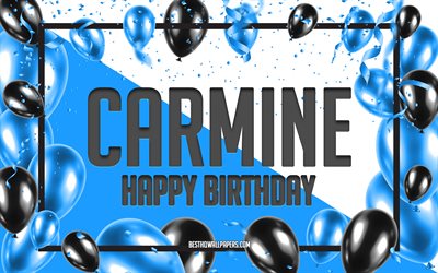 お誕生日おめでとうカーマイン, 誕生日用風船の背景, カーマイン, 名前の壁紙, カーマインお誕生日おめでとう, 青い風船の誕生日の背景, カーマインの誕生日