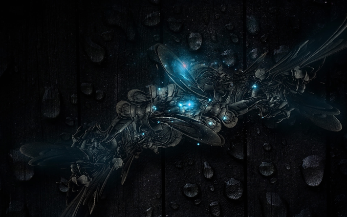 dark fractal flowers, wooden background, 3d art, blue lights, water drops