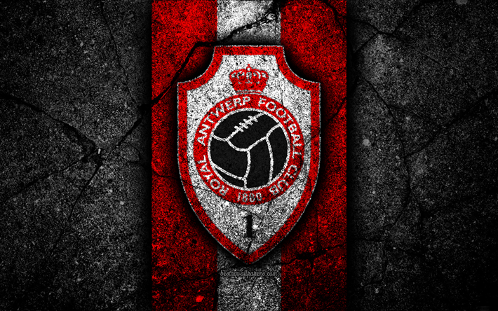 4k, Royal Antwerp FC, el emblema, la Jupiler Pro League, piedra negra, Royal Antwerp, B&#233;lgica, el f&#250;tbol Belga, Primera Divisi&#243;n, f&#250;tbol, asfalto, la textura, el FC Real de Amberes