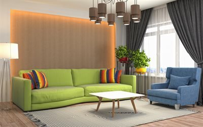 living room, modern interior design, design, stylish interior, green sofa