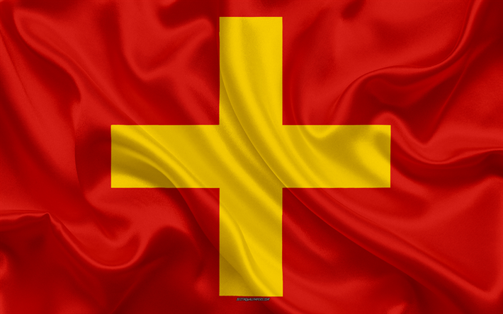 Flaggan i Ancona, 4k, siden konsistens, r&#246;d gul silk flag, vapen, Italienska staden, Ancona, Promenader, Italien, symboler