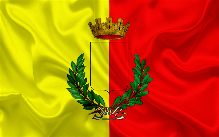 flagge von bergamo, 4k, seide textur, rot, gelb, seide, fahne, wappen, italienischen stadt bergamo, lombardei, italien, symbole