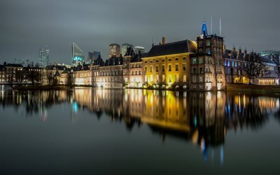 The Hague, Holland, evening, city lights, embankment, cityscape, Netherlands