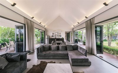 moderno design interior de uma casa de campo, interior gratuito, sala de estar, grandes janelas