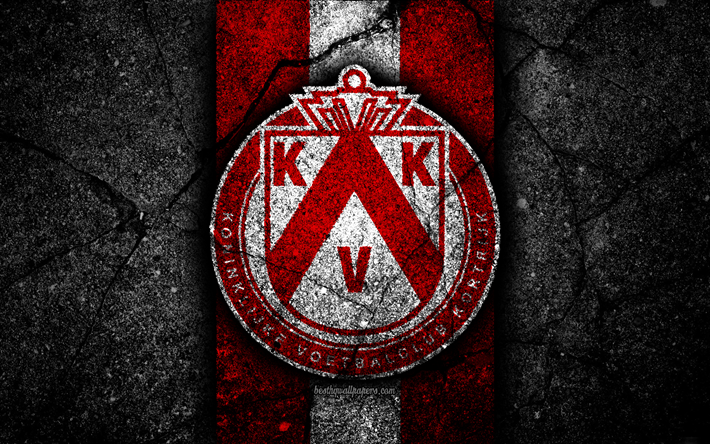 4k, Kortrijk FC, emblema, Jupiler Pro League, la pietra nera, Kortrijk, in Belgio, il calcio, il Belga di Prima Divisione A, di calcio, di asfalto texture, FC Kortrijk