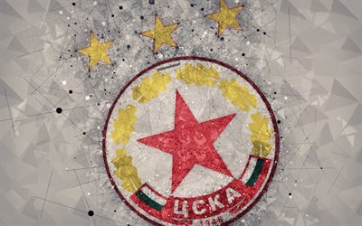 PFC CSKA Sofia, 4k, geometric art, logo, Bulgarian football club, gray background, Parva Liga, Sofia, Bulgaria, football, creative art, First Professional Football League, CSKA