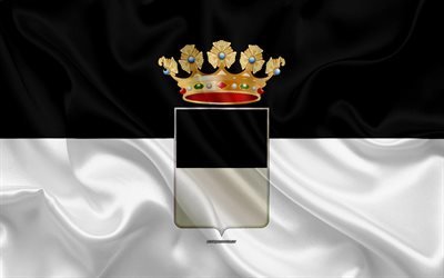 Flag of Ferrara, 4k, silk texture, white black silk flag, coat of arms, Italian city, Ferrara, Emilia-Romagna, Italy, symbols