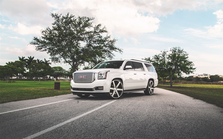 GMC Yukon, 2018, blanco SUV de lujo, grandes coches Americanos, exterior, optimizaci&#243;n Yukon GMC