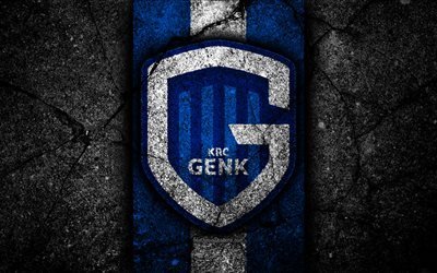4k, Genk FC, emblem, Jupiler Pro League, black stone, Genk, Belgium, soccer, Belgian First Division A, football, asphalt texture, FC Genk