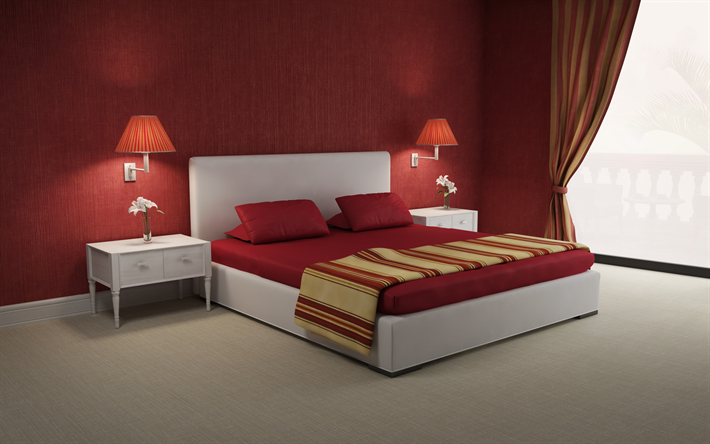 modern design of the bedroom, red style, design, red walls, large bed, modern interior design