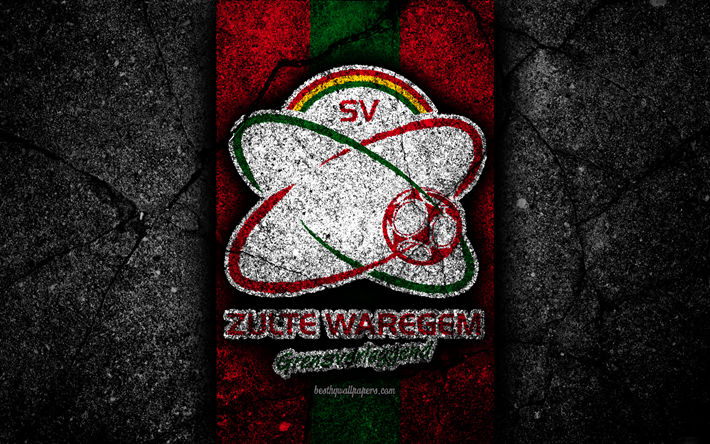 4k, Waregem FC, emblem, Jupiler Pro League, black stone, Waregem, Belgium, soccer, Belgian First Division A, football, asphalt texture, FC Waregem