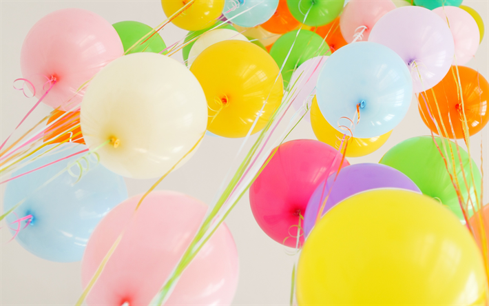 colorful balloons, blue sky, holiday, birthday