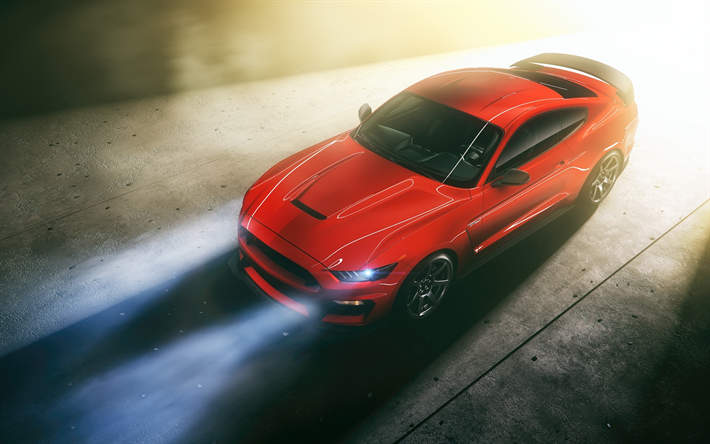 Ford Mustang, 2018, vermelho cup&#234; esportivo, Mustang tuning, vista de cima, American carros esportivos, Ford