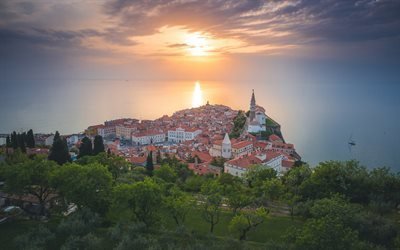 Piran, Adriatiska Havet, resort city, kv&#228;ll, sunset, seascape, sommar, Slovenien