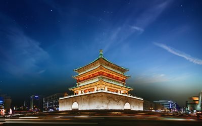 xian bell tower, 4k, chinesisches wahrzeichen, der glockenturm von xian, china, asien, xian
