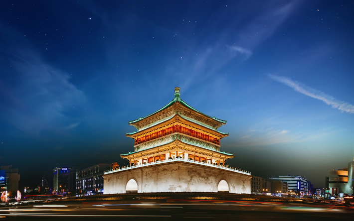 Xian torre do sino, 4k, chin&#234;s marcos, Torre do sino de Xian, China, &#193;sia, Xian