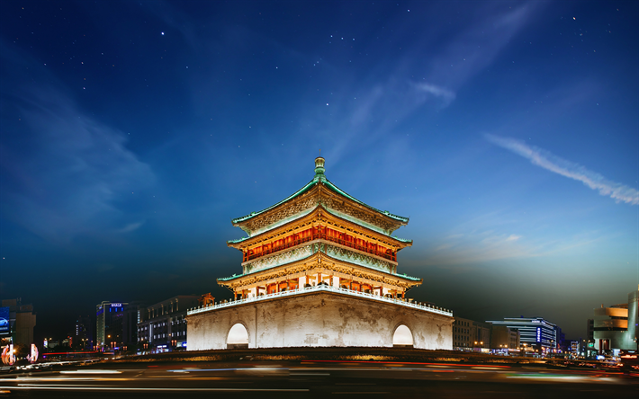 Xi &#39; an bell tower, 4k, kinesiska landm&#228;rken, Klocktornet i Xian, Kina, Asien, Xian