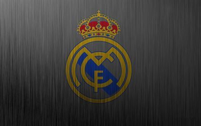 Real Madrid, logo, metal background, emblem, creative art, Spanish football club, LaLiga, Spain