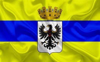 Flag of Trento, 4k, silk texture, yellow blue silk flag, coat of arms, Italian city, Trento, Trentino-Alto Adige, Italy, symbols