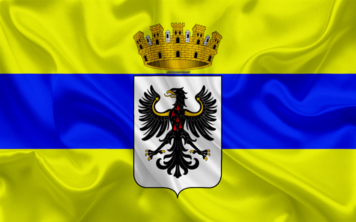 Bandera de Trento, 4k, de seda, de textura, de color amarillo de seda azul de la bandera, escudo de armas, ciudad italiana, Trento, Trentino-Alto Adigio, Italia, s&#237;mbolos