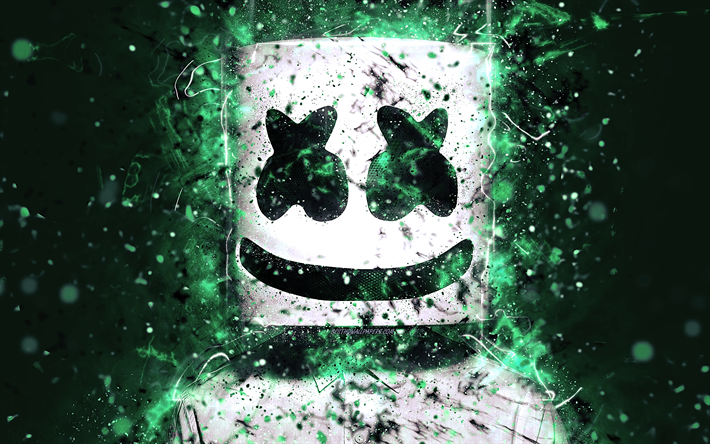 Marshmello, 4k, كريستوفر كومستوك, النيون الفيروز, أمريكا دي جي, النجوم, أضواء النيون, مروحة الفن, DJ Marshmello, دي جي